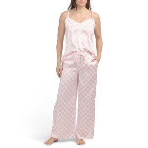 PARIS HILTON Pink/white Wide Leg Satin Sleepwear Set